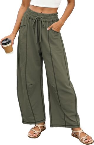 Women Wide Leg Baggy Barrel Pants Elastic Waist Drawstring Lounge | Exposed Seam Detail in Saudi Arabia