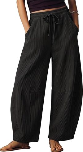 EXLURA Comfy Barrel Pants for Women Casual Waffle Knit Wide Leg Lounge Pants High Waisted Drawstring Baggy Trousers Pockets in Kuwait