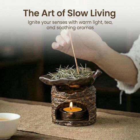 Ceramic Aromatherapy Stove Essential Oil Burner, Woodland Zen Herb Burner, Wax Melt Warmer Tea Light Candle Holder, Handmade Retro Teapot Warmer for Home Office Fragrance & Meditation Decor in Saudi Arabia