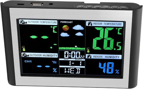 Weather Clock Station, Multi Function Buttons Color Screen Digital Display with Weather Forecast Indoor Outdoor Temperature Humidity Monitor, for Home Office Use in Saudi Arabia