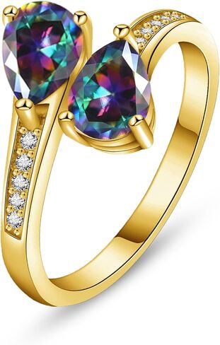 1.6ct Adjustable Women Teartrop Birthstone Ring, Thickened 14K Gold Plated Dainty CZ Gemstone Stackable Rings Band Birthday Jewelry Gifts Adjustable (US Size 5-10) in Saudi Arabia