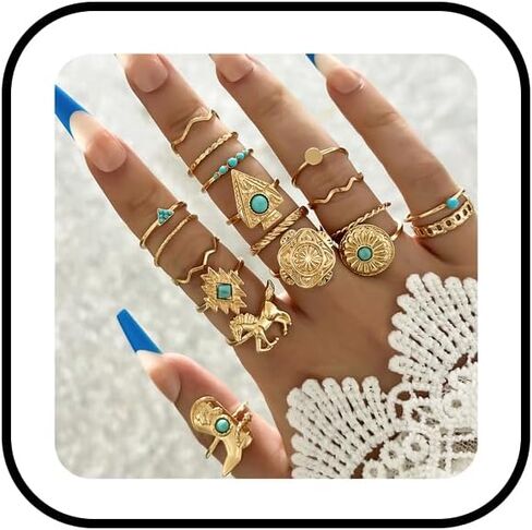 18Pcs Turquoise Ring Set for Women Stackable Western Boho Gold Knuckle Ring Set Horse Cowboy Boot Rings Vintage Thumb Rings 14k Gold Plated Statement Jewelry Country Cowgirl Concert Jewelry in Kuwait