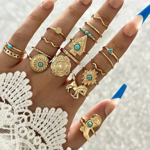 18Pcs Turquoise Ring Set for Women Stackable Western Boho Gold Knuckle Ring Set Horse Cowboy Boot Rings Vintage Thumb Rings 14k Gold Plated Statement Jewelry Country Cowgirl Concert Jewelry in Kuwait