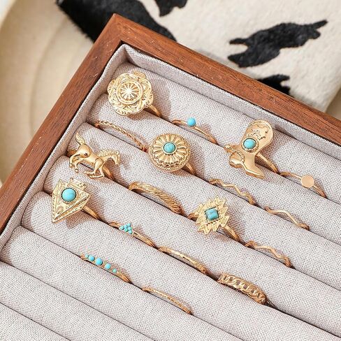 18Pcs Turquoise Ring Set for Women Stackable Western Boho Gold Knuckle Ring Set Horse Cowboy Boot Rings Vintage Thumb Rings 14k Gold Plated Statement Jewelry Country Cowgirl Concert Jewelry in Kuwait