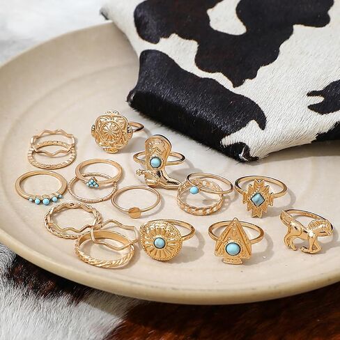 18Pcs Turquoise Ring Set for Women Stackable Western Boho Gold Knuckle Ring Set Horse Cowboy Boot Rings Vintage Thumb Rings 14k Gold Plated Statement Jewelry Country Cowgirl Concert Jewelry in Kuwait