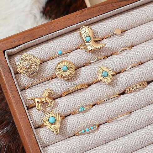 18Pcs Turquoise Ring Set for Women Stackable Western Boho Gold Knuckle Ring Set Horse Cowboy Boot Rings Vintage Thumb Rings 14k Gold Plated Statement Jewelry Country Cowgirl Concert Jewelry in Kuwait