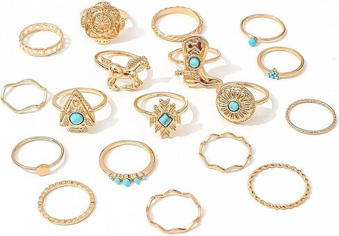 18Pcs Turquoise Ring Set for Women Stackable Western Boho Gold Knuckle Ring Set Horse Cowboy Boot Rings Vintage Thumb Rings 14k Gold Plated Statement Jewelry Country Cowgirl Concert Jewelry in Kuwait