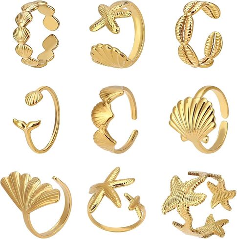 Mikovivi 9pcs حلقات صدف نجم البحر، قابل للتعديل افتتاح المحيط تحت عنوان مجموعة خاتم لذيذ شاطئ الصيف الشاطئ مجوهرات للنساء ارتداء اليومي in Kuwait