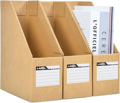 3-Pack Magazine File Holder, Kraft Paper Cardboard Magazine Desktop Organizer with Labels for Document, Book, and Magazine, A4 File Folder Foldable Storage Box for Office, Home, and School Use in Kuwait