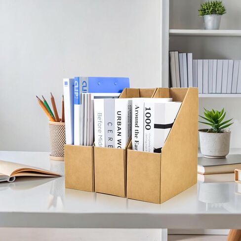 3-Pack Magazine File Holder, Kraft Paper Cardboard Magazine Desktop Organizer with Labels for Document, Book, and Magazine, A4 File Folder Foldable Storage Box for Office, Home, and School Use in Kuwait