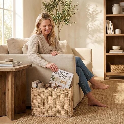 Scalloped Magazine Holder, Hand-wowen Paper Rope Book Holder, Wicker Mail Organizer, File Storage for Bedroom, Narrow Floor Basket for living Room, Office in Saudi Arabia