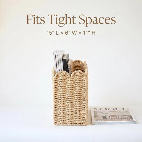 Scalloped Magazine Holder, Hand-wowen Paper Rope Book Holder, Wicker Mail Organizer, File Storage for Bedroom, Narrow Floor Basket for living Room, Office in Saudi Arabia