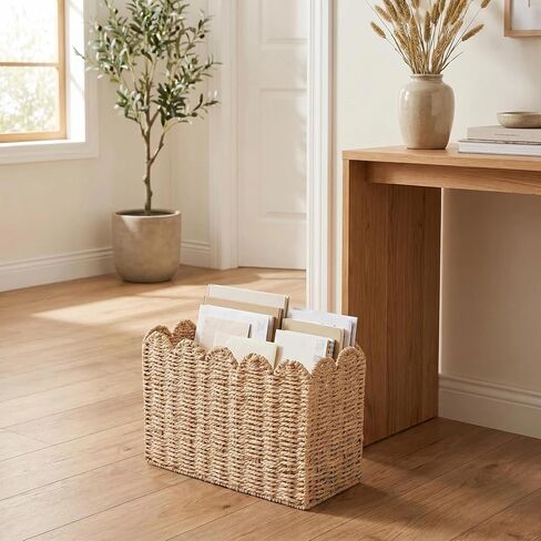 Scalloped Magazine Holder, Hand-wowen Paper Rope Book Holder, Wicker Mail Organizer, File Storage for Bedroom, Narrow Floor Basket for living Room, Office in Saudi Arabia