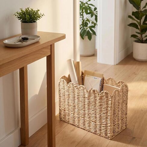 Scalloped Magazine Holder, Hand-wowen Paper Rope Book Holder, Wicker Mail Organizer, File Storage for Bedroom, Narrow Floor Basket for living Room, Office in Saudi Arabia