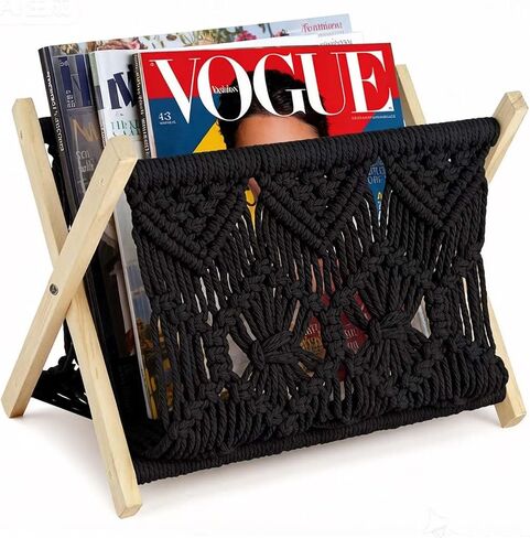 Boho Macrame Magazine Holder,Hand-Woven Magazine Rack for Home Office Desktop, Storage Basket for Letters, Magazines, Books and Newspapers (Brown) in Saudi Arabia