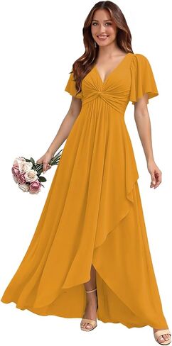 Flutter Sleeve Bridesmaid Dresses for Women Long Ruffled A Line Chiffon V Neck Formal Gown for Wedding Guest L05012 in Saudi Arabia