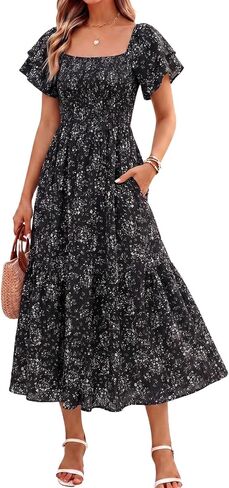 Women's Summer Midi Dress Short Sleeve Square Neck Off Shoulder Ruffle Elastic High Waist Vacation Dress with Pockets in Saudi Arabia