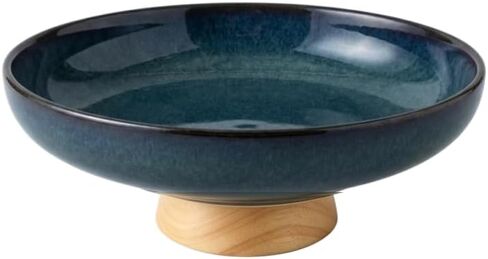 Ceramic Fruit Bowl for Kitchen Counter 10 Inch Decorative Bowl with Wood Base, Large Pedestal Bowl for Keys, Modern Key Bowl for Entryway Table Blue in Kuwait