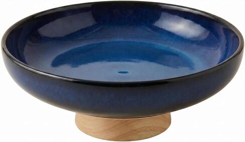 Ceramic Fruit Bowl for Kitchen Counter 10 Inch Decorative Bowl with Wood Base, Large Pedestal Bowl for Keys, Modern Key Bowl for Entryway Table Blue in Kuwait