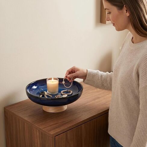Ceramic Fruit Bowl for Kitchen Counter 10 Inch Decorative Bowl with Wood Base, Large Pedestal Bowl for Keys, Modern Key Bowl for Entryway Table Blue in Kuwait