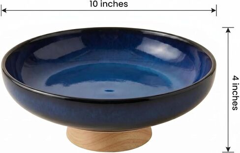 Ceramic Fruit Bowl for Kitchen Counter 10 Inch Decorative Bowl with Wood Base, Large Pedestal Bowl for Keys, Modern Key Bowl for Entryway Table Blue in Kuwait