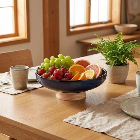 Ceramic Fruit Bowl for Kitchen Counter 10 Inch Decorative Bowl with Wood Base, Large Pedestal Bowl for Keys, Modern Key Bowl for Entryway Table Blue in Kuwait