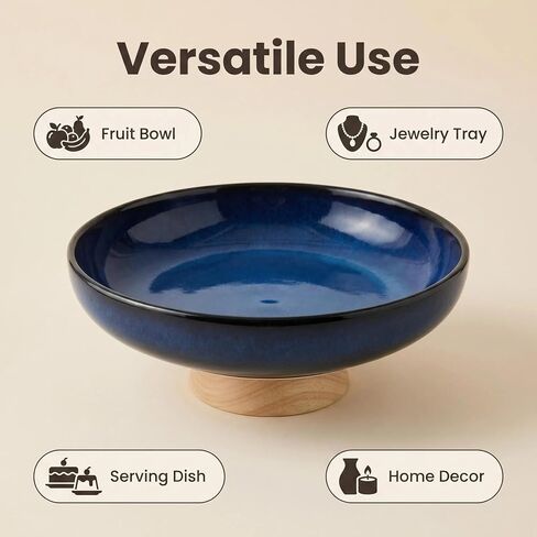 Ceramic Fruit Bowl for Kitchen Counter 10 Inch Decorative Bowl with Wood Base, Large Pedestal Bowl for Keys, Modern Key Bowl for Entryway Table Blue in Kuwait
