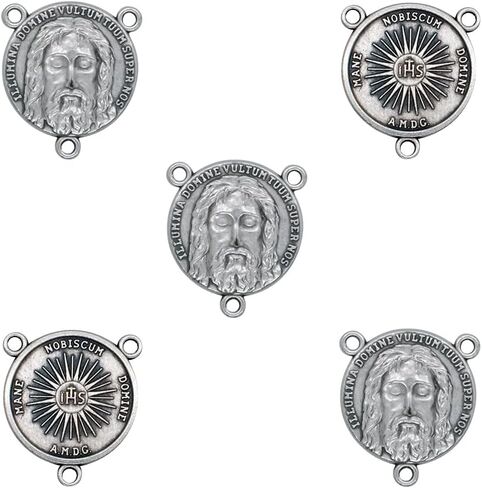 VILLAGE GIFT IMPORTERS 5-Pack Holy Face of Jesus Silver Oxidized Rosary Centers - 1 Inch Round Shroud of Turin Catholic Rosary Centerpieces for DIY Rosary Making, Made in Italy in Kuwait