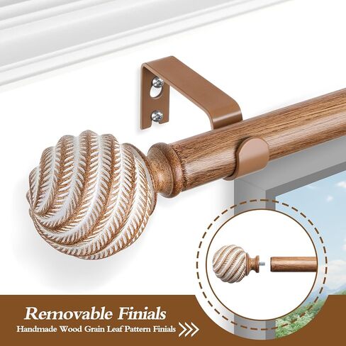 Wood Curtain Rods for Windows 66 to 120 Inches, TONIAL 1'' Adjustable 32-120 Inch Long Drapery Rod with Wood Grain Leaf Pattern Finials, Boho Decorative Style for Living Room, Bedroom, Outdoor, Brown in Saudi Arabia