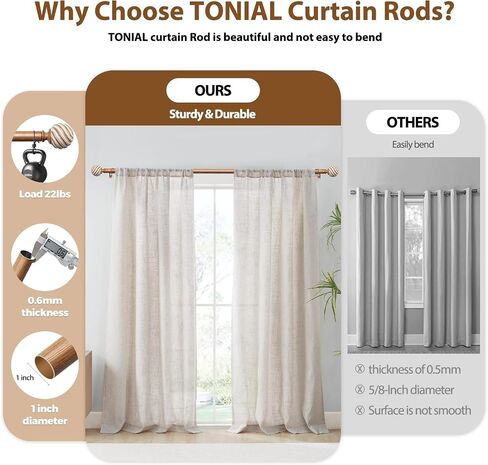 Wood Curtain Rods for Windows 66 to 120 Inches, TONIAL 1'' Adjustable 32-120 Inch Long Drapery Rod with Wood Grain Leaf Pattern Finials, Boho Decorative Style for Living Room, Bedroom, Outdoor, Brown in Saudi Arabia
