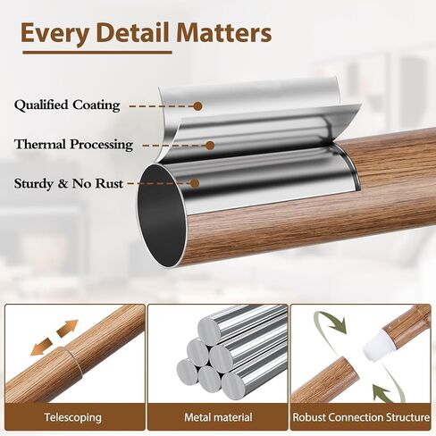 Wood Curtain Rods for Windows 66 to 120 Inches, TONIAL 1'' Adjustable 32-120 Inch Long Drapery Rod with Wood Grain Leaf Pattern Finials, Boho Decorative Style for Living Room, Bedroom, Outdoor, Brown in Saudi Arabia