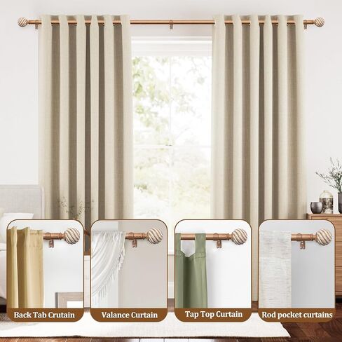 Wood Curtain Rods for Windows 66 to 120 Inches, TONIAL 1'' Adjustable 32-120 Inch Long Drapery Rod with Wood Grain Leaf Pattern Finials, Boho Decorative Style for Living Room, Bedroom, Outdoor, Brown in Saudi Arabia