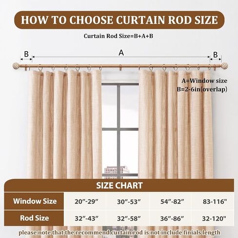 Wood Curtain Rods for Windows 66 to 120 Inches, TONIAL 1'' Adjustable 32-120 Inch Long Drapery Rod with Wood Grain Leaf Pattern Finials, Boho Decorative Style for Living Room, Bedroom, Outdoor, Brown in Saudi Arabia