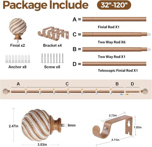 Wood Curtain Rods for Windows 66 to 120 Inches, TONIAL 1'' Adjustable 32-120 Inch Long Drapery Rod with Wood Grain Leaf Pattern Finials, Boho Decorative Style for Living Room, Bedroom, Outdoor, Brown in Saudi Arabia