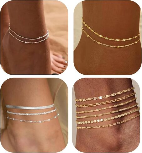 Gold Silver Ankle Bracelets for Women Waterproof Lightweight Link Chain Stackable Anklets Set Dainty Summer Beach Adjustable Jewelry Gift in Saudi Arabia