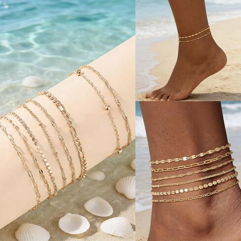 Gold Silver Ankle Bracelets for Women Waterproof Lightweight Link Chain Stackable Anklets Set Dainty Summer Beach Adjustable Jewelry Gift in Saudi Arabia
