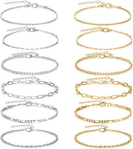 Gold/Silver Ankle Bracelets for Women Adjustable Waterproof Ankle Bracelet for Women Silver and Gold Bracelets Summer Beach Gold Accessories (12Pcs) in Saudi Arabia