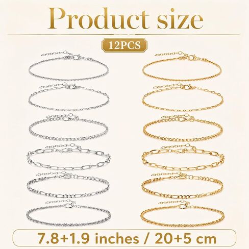 Gold/Silver Ankle Bracelets for Women Adjustable Waterproof Ankle Bracelet for Women Silver and Gold Bracelets Summer Beach Gold Accessories (12Pcs) in Saudi Arabia