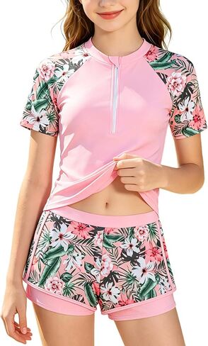 Gaupafmb Girls Rash Guard Swimsuit 2 Piece Short Sleeve Zip Bathing Suit with Shorts Printed Swimwear for Kids Girls 7-16Y in Saudi Arabia