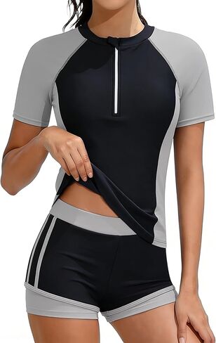Girls Rash Guard Swimsuit 2 Piece Half-Zip Short Sleeve Color Block Bathing Suit with Swim Shorts Girls' Swimwear 7-16Y in Saudi Arabia