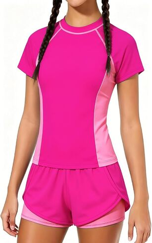 Girls Swimsuit 2 Piece UPF 50+ Rash Guard Set Short Sleeve Modest Bathing Suit with 2-in-1 Shorts Swimwear 7-16Y in Saudi Arabia