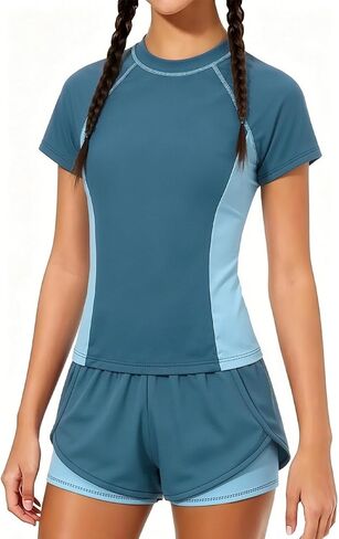 Girls Swimsuit 2 Piece UPF 50+ Rash Guard Set Short Sleeve Modest Bathing Suit with 2-in-1 Shorts Swimwear 7-16Y in Saudi Arabia