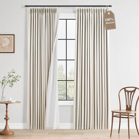 Pinch Pleated 100% Blackout Linen Curtains Natural Cream Room Darkening Modern Curtain 84 Inch for Bedroom Living Room Thermal Insulated Farmhouse Boho Drapes with Hooks Back Tab 2 Panels 40x84, Ivory in Saudi Arabia