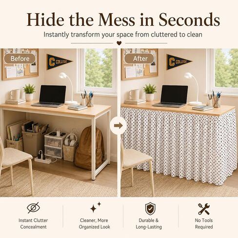 Tigeen Dorm Desk Skirt 10ft x 31.5" H Dorm Table Cover with Ruffled Gathered Vintage Retro Farmhouse Tablecloth for Dormitory Classroom Teacher Office Kindergarten Home(Black and White) in Kuwait