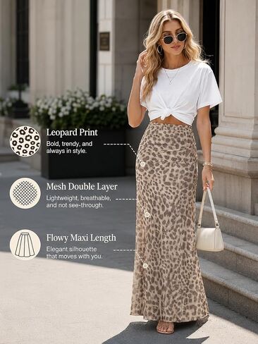 Leopard Print Maxi Skirt for Women High Waist A-Line Boho Long Skirt Casual Summer Vacation Beach in Kuwait