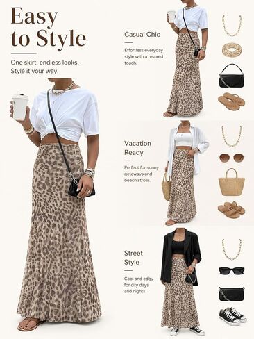Leopard Print Maxi Skirt for Women High Waist A-Line Boho Long Skirt Casual Summer Vacation Beach in Kuwait