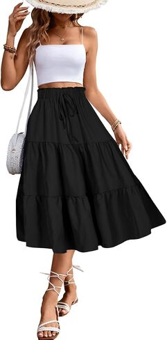 Women's High Elastic Waist Midi Skirt Casual Summer Trendy Tie Front Flowy Ruffle Floral Print A line Skirts DS626 in Kuwait