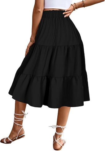 Women's High Elastic Waist Midi Skirt Casual Summer Trendy Tie Front Flowy Ruffle Floral Print A line Skirts DS626 in Kuwait