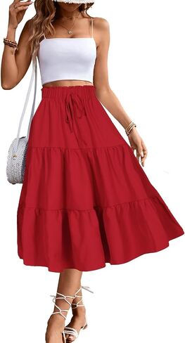 Women's High Elastic Waist Midi Skirt Casual Summer Trendy Tie Front Flowy Ruffle Floral Print A line Skirts DS626 in Kuwait