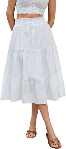 Women's High Elastic Waist Midi Skirt Casual Summer Trendy Tie Front Flowy Ruffle Floral Print A line Skirts DS626 in Kuwait